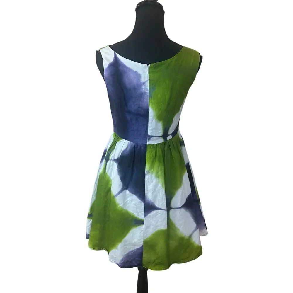 Busayo Batik Linen Mini Dress SIZE 4 Fit Flare Tie Dye Boho Party Designer $390